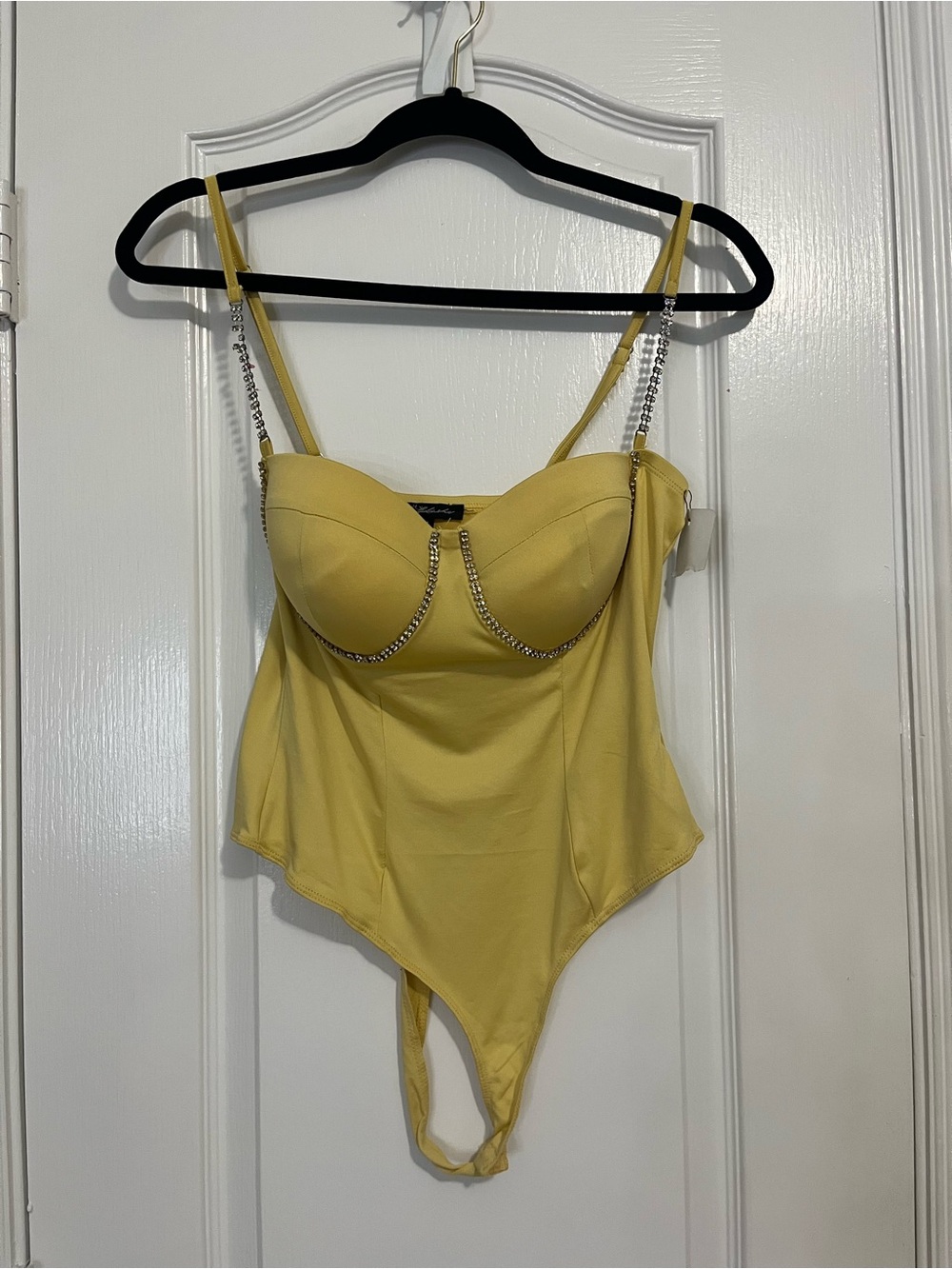 Lulu's Yellow Rhinestone-Trim Bustier Bodysuit